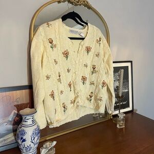 Vintage Cream Beaded and Embroidered Sweater Cardigan